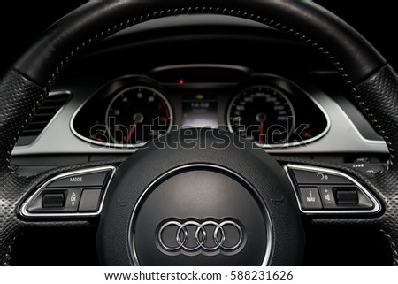 Sankt-Petersburg, Russia, Februaru 20, 2017 - Audi A4 s-line, close up of steering wheel, car interior design