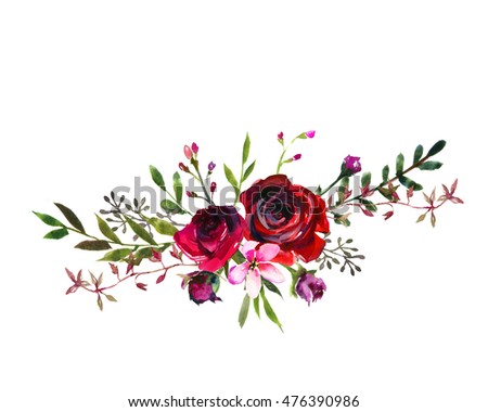 stock photo watercolor floral bouquet purple burgundy roses peonies fall leaves and flowers isolated on white 476390986
