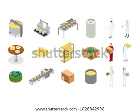 Factory Cheese Production Line Element Set and Staff Isometric View Technology Service Process of Cooking Dairy Product. Vector illustration of Prepare Cheese