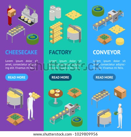 Factory Cheese Production Line Elements and Staff Banner Vecrtical Set Isometric View Technology Service Process of Cooking Dairy Product. Vector illustration of Prepare Cheese