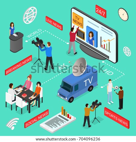 Mass Media News Concept with Professional Journalists, Camera Live Social and Sport Broadcasting Isometric View. Vector illustration