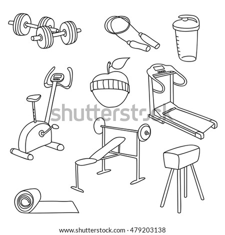 Fitness Gym Equipmenthand Draw Doodle Set Stock Vector 479203138