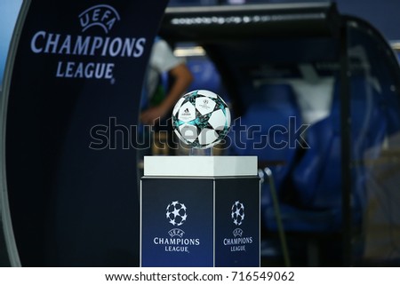 KHARKIV, UKRAINE - 13 SEPTEMBER, 2017: Adidas 2017-2018 Champions League group stage match ball. White, navy and light blue design. Official UEFA Champions League white logo on blue gradient podium.