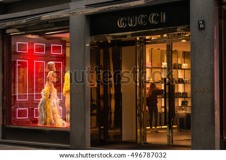 Milan, Italy - October 9, 2016: Shop window and entrance of a Gucci shop in Milan - Montenapoleone street, Italy. Few days after Milan Fashion Week. Fall Winter 2017 Collection.