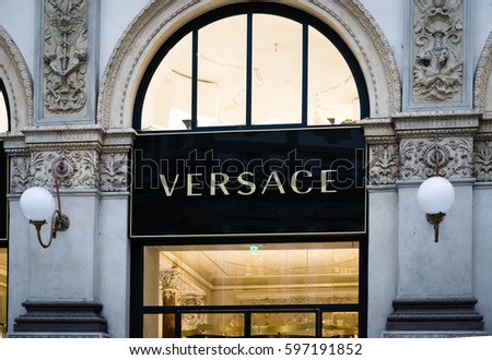 Milan, Italy - February 28, 2017: Shop window of a Versace logo on a Versace store in Milan