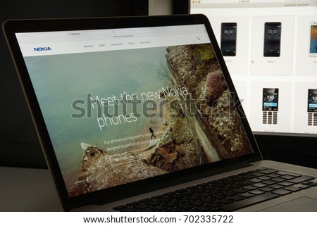Milan, Italy - August 10, 2017: Nokia website homepage. It is a Finnish multinational communications, information technology and consumer electronics company. Nokia logo visible.