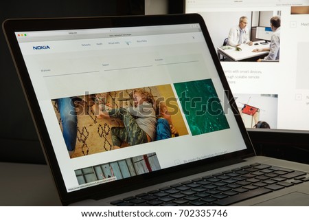 Milan, Italy - August 10, 2017: Nokia website homepage. It is a Finnish multinational communications, information technology and consumer electronics company. Nokia logo visible.