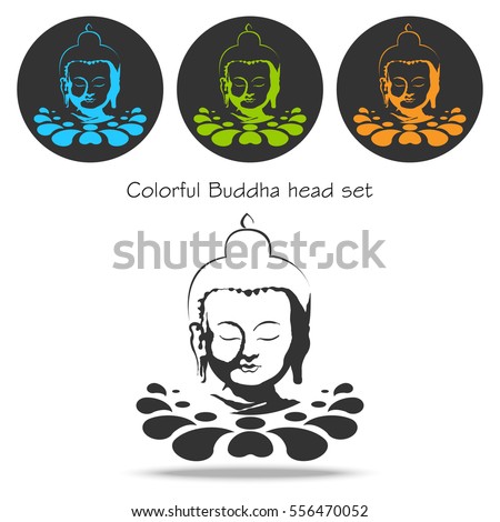 Set vector color buddha head on lotus flower. Colorful vector icon