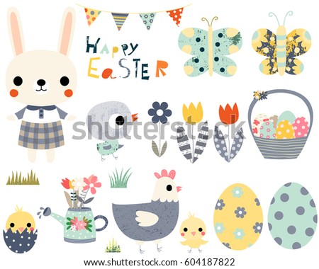 Happy Easter fun vector set with cute animals - bunny, peeps and butterflies for greeting cards, invitations and kids projects.