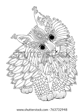 Fantasy Cat Hand Drawn Picture Sketch For Anti Stress Adult Coloring Book In
