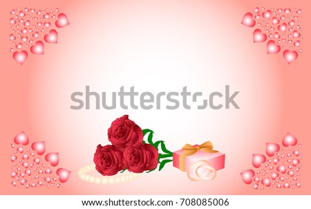 Card with a pink background and hearts in the corners, in the center of which are red roses, a pearl necklace, a gift and wedding rings.