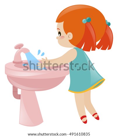 Girl Washing Hands Sink Illustration Stock Vector 491610835 - Shutterstock