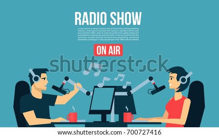 Radio show dj`s male & female life playing the music & talk On Air Broadcasts cool flat design illustration. Banner, poster, or flyer cover
