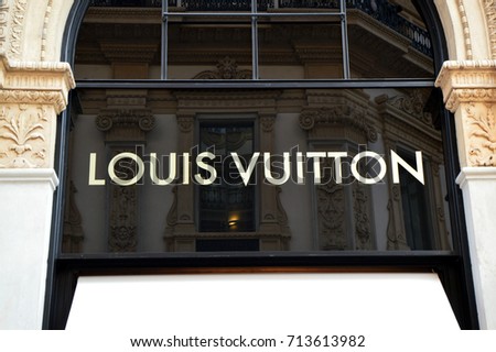 MILAN, ITALY - SEPTEMBER 7, 2017: Louis Vuitton store logo inside Galleria Vittorio Emanuele II, Milan