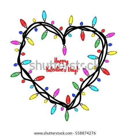 Beautiful card for the holiday. Garland and lights on a white background. It can be used as a photo frame or banner. Doodle. Children's drawing. Vector illustration. EPS 10. Happy Valentine's Day!