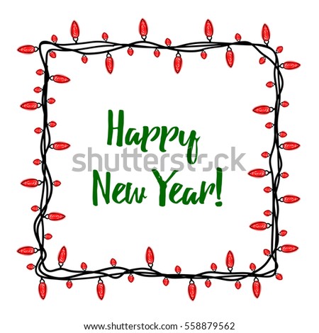 Beautiful card for the holiday. Garland and lights on a white background. It can be used as a photo frame or banner. Doodle. Children's drawing. Vector illustration. EPS 10. Happy New Year!