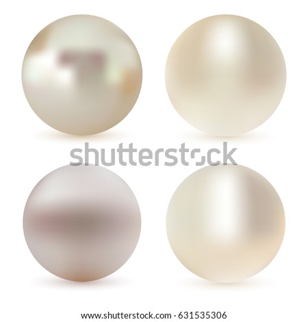 Pearl realistic set isolated on white background. Spherical beautiful 3D orb with transparent glares and highlights for decoration. Spherical pearls of different colors. Sphere shiny sea pearl.