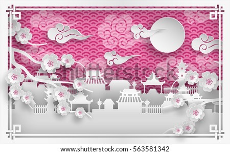 Vector illustration of cherry flowers branch, china town village on pink background with clouds, oriental vintage pattern frame for chinese new year greeting card, poster or banner, paper cut style