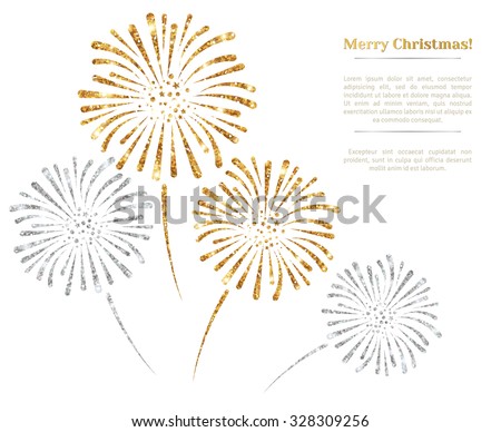 Vector gold and silver fireworks on white background. Vector illustration. Gold Glitter Texture, Sequins Pattern. Lights and Sparkles. Glowing New Year or Christmas Backdrop. Place for text.