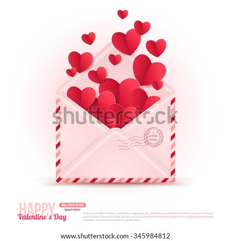 Happy Valentine's Day Envelope with Paper Hearts Flying Away. Vector Illustration. Realistic Mail Envelope. Can be used for Mother's and Women's Day Greetings. Love Inside Valentine Concept.