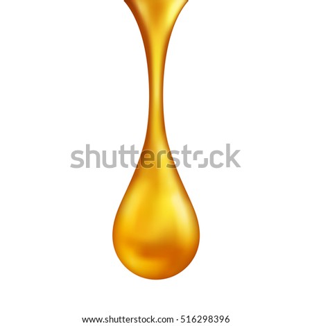 Golden Oil Drop Isolated on White Background with Shine and Sparkles. Collagen Essence or Gold Serum Droplet. Vector Illustration. Concept for Cosmetics, Beauty and Spa