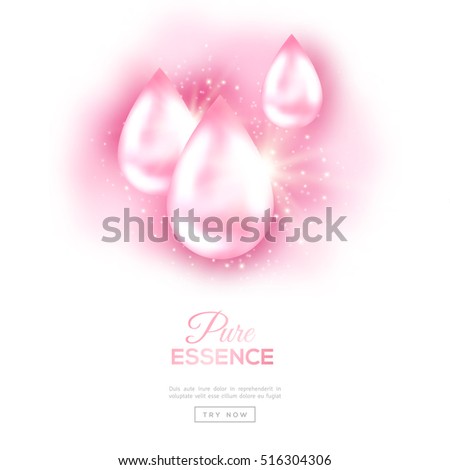 Pink Oil Drops Isolated on White Background with Lights and Sparkles. Collagen Essence or Serum Droplet. Vector Illustration. Concept for Cosmetics, Beauty and Spa
