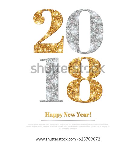 Happy New Year 2018 Greeting Card with Gold and Silver Numbers. Vector Illustration. Merry Christmas Flyer Design, Brochure Cover, Poster, Minimalistic Invitation
