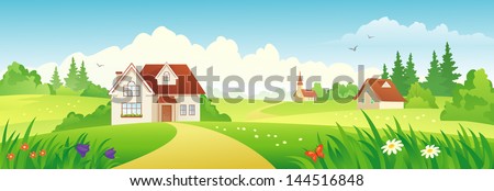 Vector Illustration Of A Summer Rural Landscape Vector Illustration Beautiful Summer Landscape Rural Stock