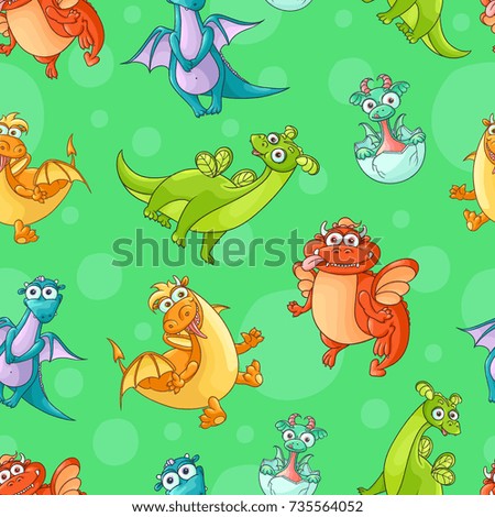 Seamless pattern, backdrop design with funny hand drawn cartoon dragon characters, vector illustration on colorful background. Funny comic, cartoon style dragon characters, seamless pattern