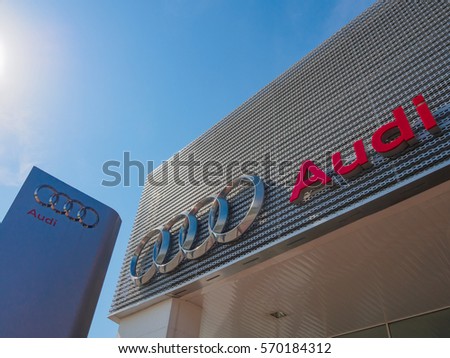 Auto City, Penang, Malaysia - January 29, 2017: AUDI logo at showroom and Office of official dealer. Audi is a German automobile manufacturer that designs luxury vehicles in Bavaria