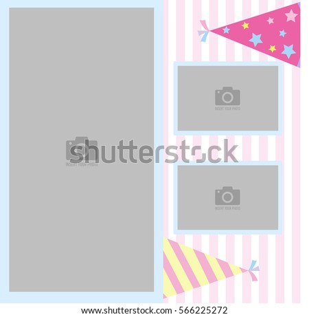 Happy Birthday photo frame and postcard for children with a celebratory cap. Pink and white stripe background vector. Template for children's photo album or postcard.