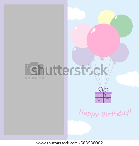 Happy Birthday photo frame for children. Blue sky with clouds and a gift flies on balloons. Template for children's photo album or postcard