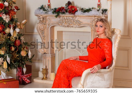 Beautiful Woman In Evening Dress Young Lady Female Near Big X Mas Fir Beautiful Woman In Evening Dress Young Lady Female Near Big X Mas Fir