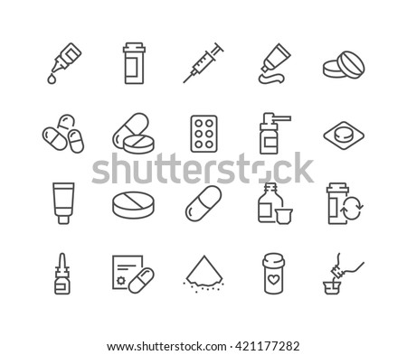 Simple Set of Pills Related Vector Line Icons. Contains such Icons as Gel, Inhaler, Prescription, Syrup and more. Editable Stroke. 48x48 Pixel Perfect.