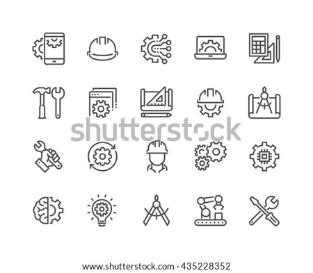 Simple Set of Engineering Related Vector Line Icons.
Contains such Icons as Manufacturing, Engineer, Production, Settings and more.
Editable Stroke. 48x48 Pixel Perfect.