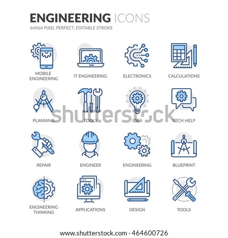 Simple Set of Engineering Related Color Vector Line Icons.
Contains such Icons as Calculations, Blueprint, Engineer, App Design and more.
Editable Stroke. 64x64 Pixel Perfect.