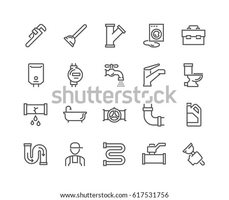 Simple Set of Plumber Related Vector Line Icons.
Contains such Icons as Leaking Washing Machine, Water Heater, Tool Box and more.
Editable Stroke. 48x48 Pixel Perfect.