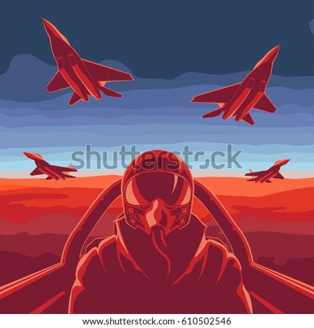the flying plane at sunset, a decline, the pilot in a cabin