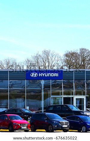 KLAIPEDA,LITHUANIA-MAY 12: HYUNDAI cars showroom and logo on May 12,2017 in Klaipeda,Lithuania.