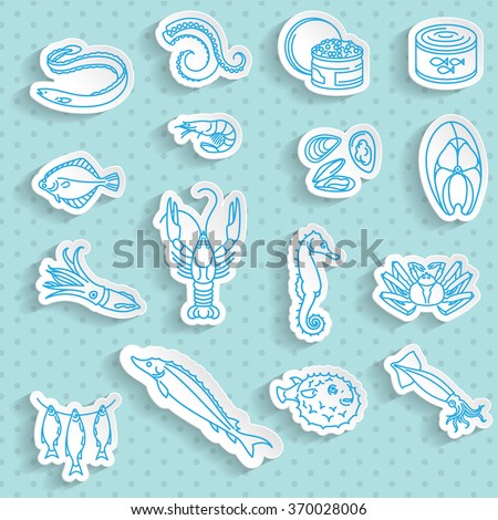 Paper stickers with Seafood. Outline white paper stickers with long transparent shadows on retro background.