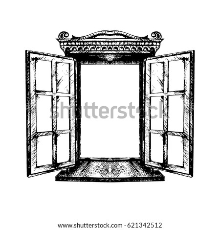 vintage window drawing. an open antique window. vector illustration isolated. monochrome graphics, architecture, exterior. vintage window drawing