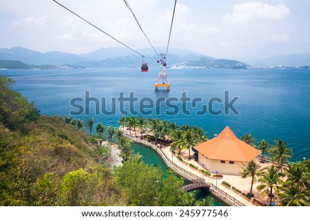 One of the world's longest cable car, leading to Vinpearl Amusement Park, view from cabin. Nha Trang, Vietnam.