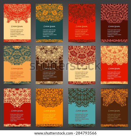 Set retro business card. Vector background. Card or invitation. Vintage decorative elements. Hand drawn background. Islam, Arabic, Indian, ottoman motifs. EPS