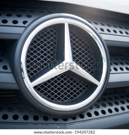 VILNIUS-MAY 9: Mercedes Benz Sign Close-Up on May 9, 2014 in Vilnius, Lithuania. Mercedes-Benz is a German automobile manufacturer. The brand is used for luxury automobiles, buses, coaches, and trucks