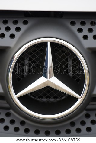 KAUNAS-MAR 23: Mercedes Benz Sign Close-Up on Mar. 23, 2015 in Kaunas, Lithuania. Mercedes-Benz is a German automobile manufacturer. The brand is used for luxury automobiles, buses, coaches and trucks