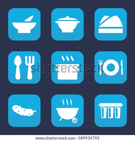 cooking icon. Set of 9 filled cooking icons such as plate fork and spoon, fork and spoon, bowl, cucumber, chef hat, pan, filter