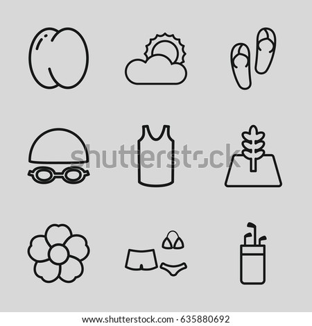 Summer icons set. set of 9 summer outline icons such as peach, flip flops, singlet, flower, sun, swimsuit, tree, swimming hat and glasses