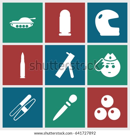 Army icons set. set of 9 army filled icons such as nail sawing, sawing, soldier emot, canon ball, cannon, bullet, tank