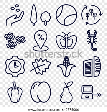 Green icons set. set of 16 green outline icons such as laptop connection, scorpion, harvest, leaf, peach, pepper, corn, hand with seeds, butterfly, business center, pear, tree