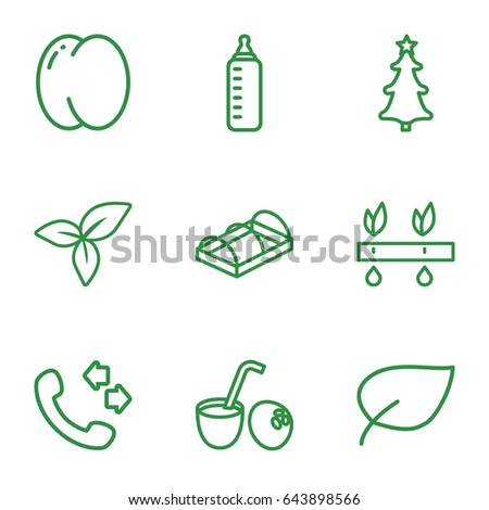 Green icons set. set of 9 green outline icons such as peach, baby bottle, call, greenohuse, leaf, christmas tree, drink coconut
